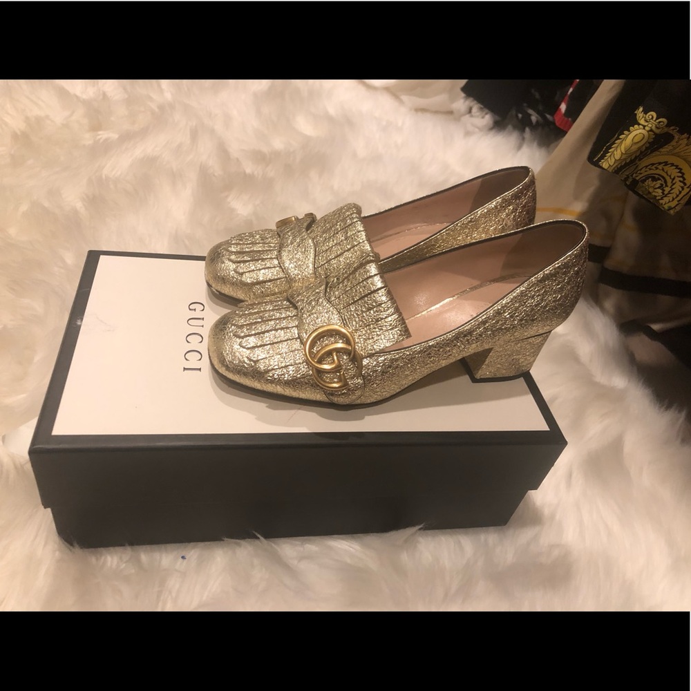 Gucci Marmont Metallic Mid-Heel Pumps